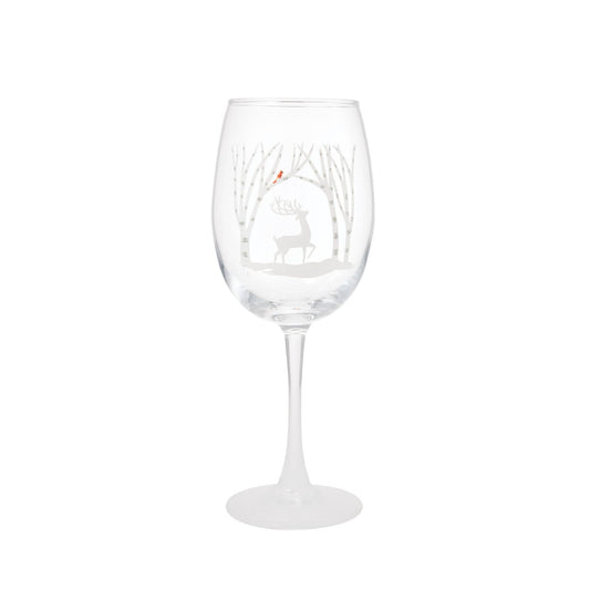 Toast to snow days with this Celebrations by Lolita glass, featuring a transparent gradient effect and a nature decal. Featuring a silhouetted stag trotting through the snow, a red cardinal warms the white winter scene and your new favourite winter glass.