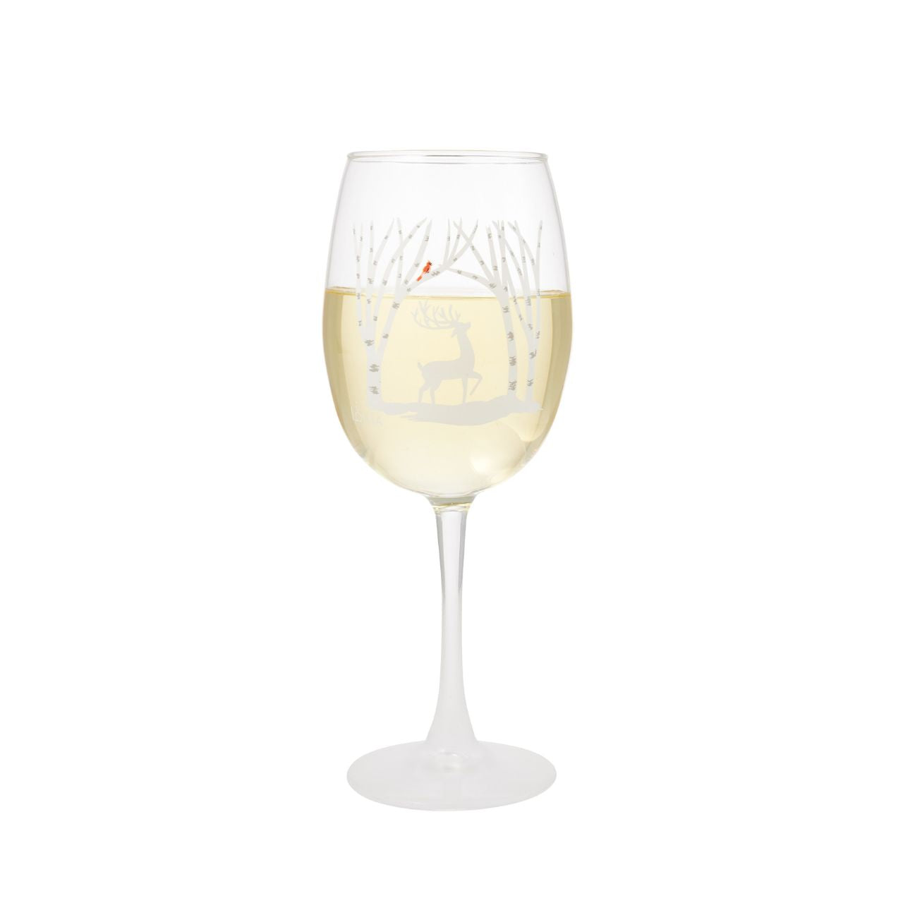 Toast to snow days with this Celebrations by Lolita glass, featuring a transparent gradient effect and a nature decal. Featuring a silhouetted stag trotting through the snow, a red cardinal warms the white winter scene and your new favourite winter glass.