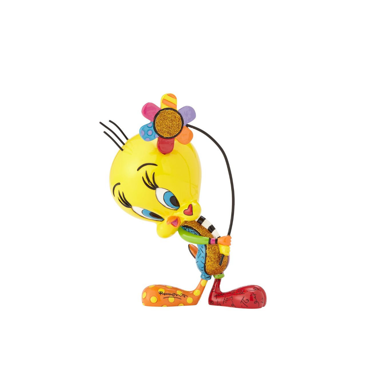 Tweety Pie looks adorable holding a flower with big eyes and innocent pose. With his cute expression and holding a large flower, Tweety With Flower Figurine is looking adorable and makes for an excellent addition to any room and makes for an excellent centrepiece.