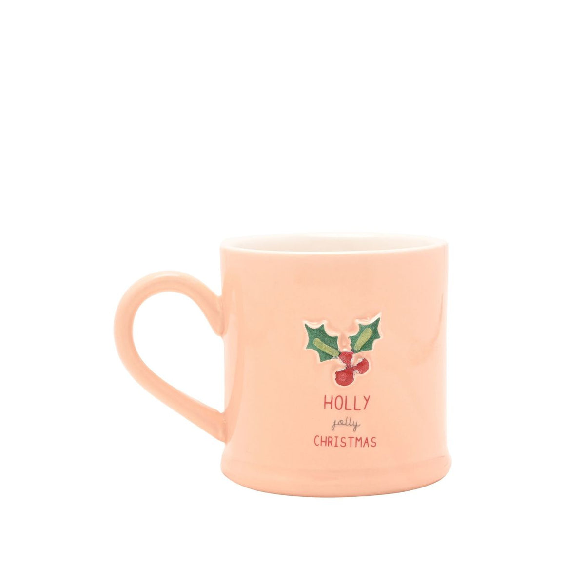 Classic stoneware mug in a soft pastel pink with a 3D embossed holly and with the words 'Holly Jolly Christmas'. In a gift-ready box, this is the ideal everyday mug to add a little seasonal spirit to any home!