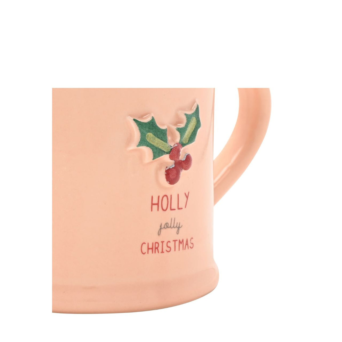Classic stoneware mug in a soft pastel pink with a 3D embossed holly and with the words 'Holly Jolly Christmas'. In a gift-ready box, this is the ideal everyday mug to add a little seasonal spirit to any home!