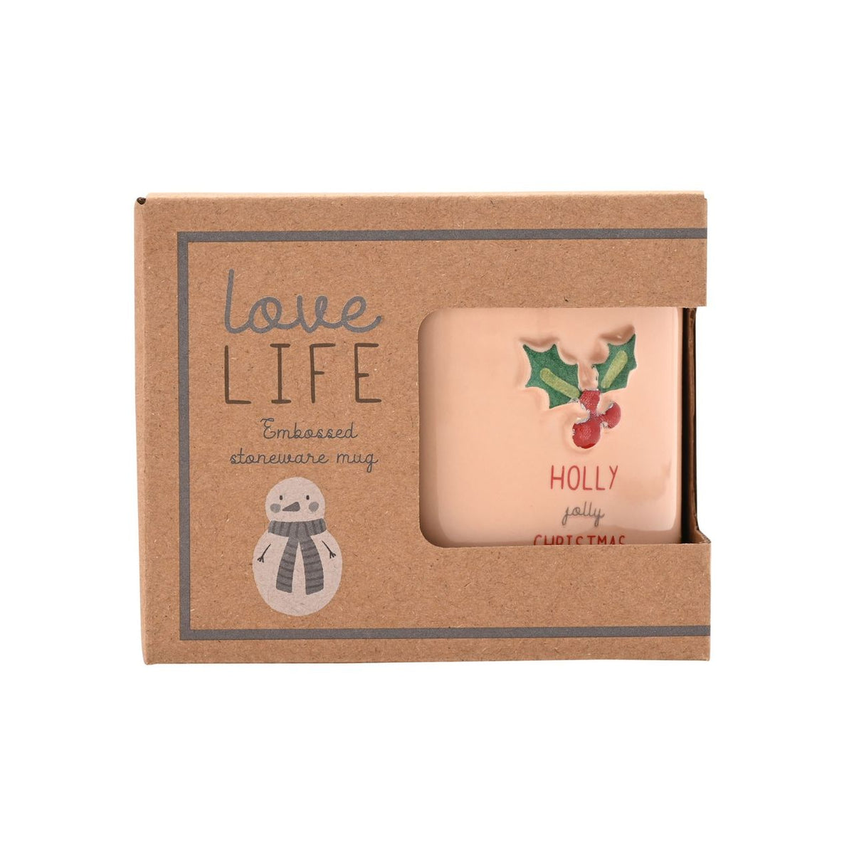 Classic stoneware mug in a soft pastel pink with a 3D embossed holly and with the words 'Holly Jolly Christmas'. In a gift-ready box, this is the ideal everyday mug to add a little seasonal spirit to any home!