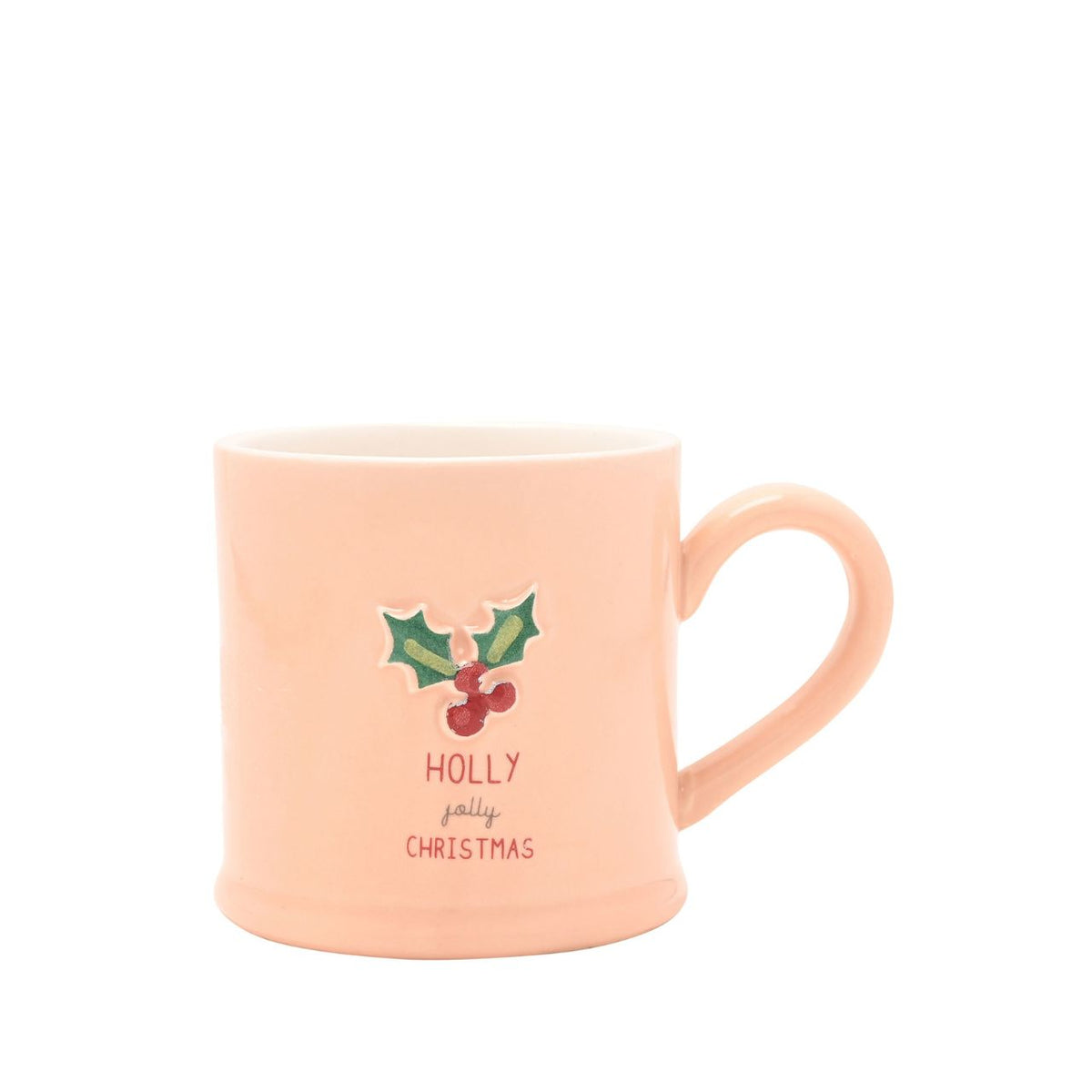 Classic stoneware mug in a soft pastel pink with a 3D embossed holly and with the words 'Holly Jolly Christmas'. In a gift-ready box, this is the ideal everyday mug to add a little seasonal spirit to any home!