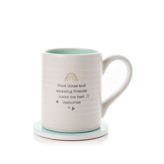 This cheerful mug and coaster set would make an excellent gift for your friends this spring. The rainbow illustration along with the stars and hearts drawings help to make this set a delightful way of telling your friends you love them.