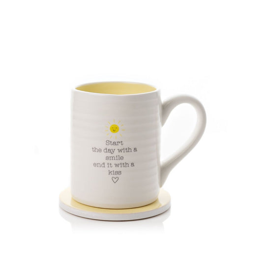 This Mug &amp; Coaster set would make a sunny and cheerful beginning and end to everyday. The pastel yellow colour alongside the adorable sun illustration is sure to brighten up you or your loved ones day.