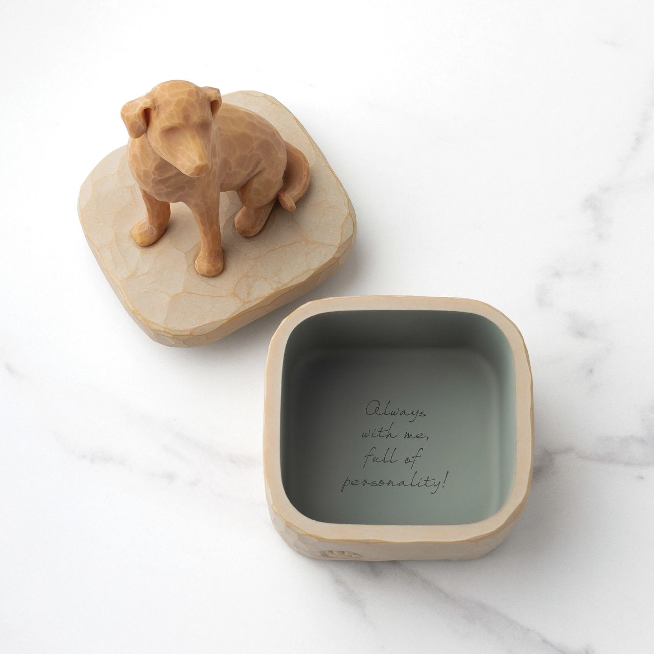 Love my Dog (Golden) Box by Willow Tree  A gift for those who love dogs and treasure their companionship. Keepsake Boxes are small, sweet places to keep jewellery, accessories, notes. Inside, the bottom of this box reveals the sentiment, "Always with me, full of personality".