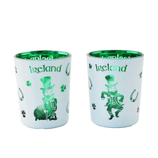 Lucky Leprechaun Ireland Set of 2 Glass Tea Light & Votive Candle Holders