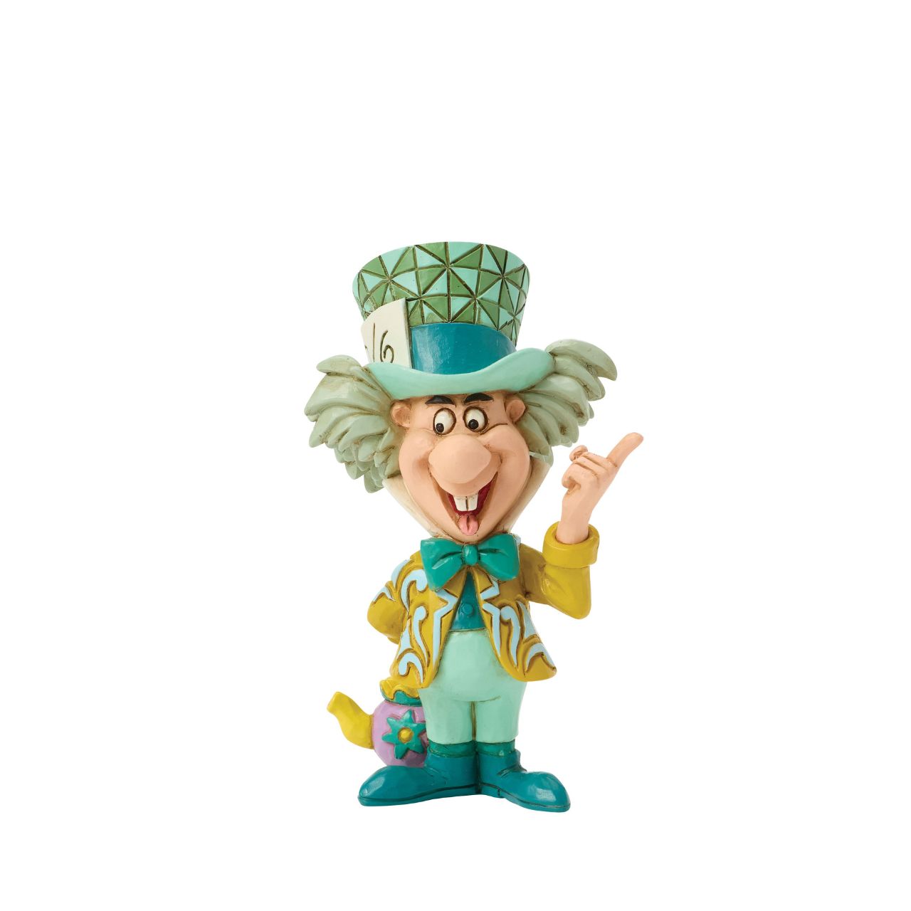 The Mad Hatter smiles toothily in this quirky Jim Shore mini, showcasing the hatter's eccentric charm and unconventional personality.