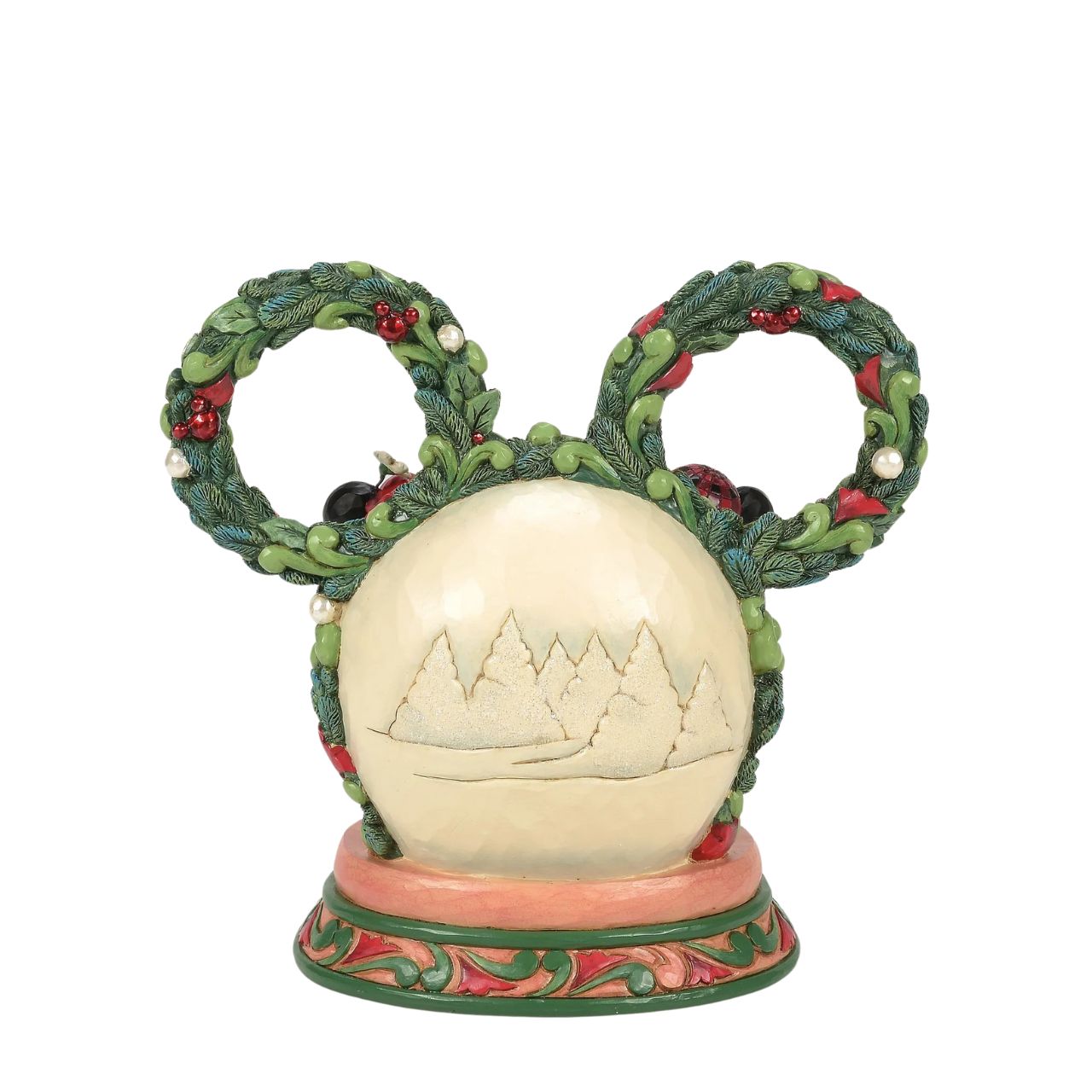 This delightful Jim Shore Christmas scene captures Mickey and Minnie holding hands beneath a glowing LED diorama, framed by a festive Mickey-shaped garland adorned with berries and pearl accents. It radiates seasonal magic with holiday charm.