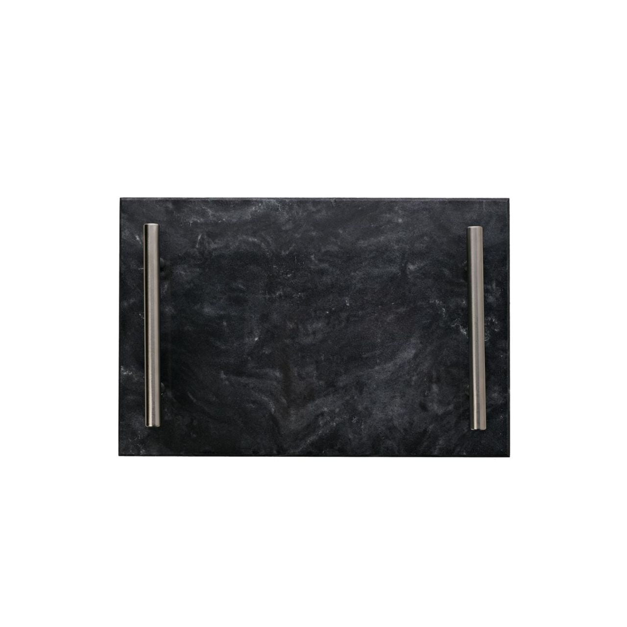 A Black Marble Tray With Metal Handles from Hestia's Aether Collection.