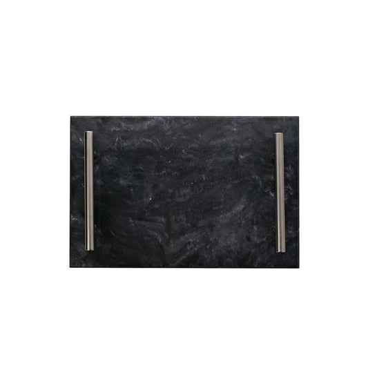A Black Marble Tray With Metal Handles from Hestia's Aether Collection.