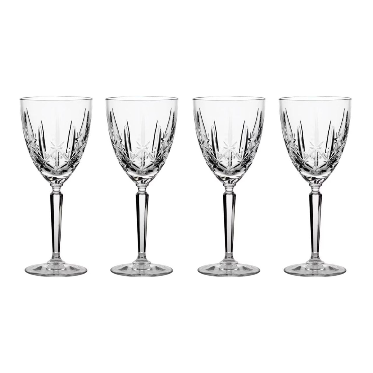 Marquis Sparkle Oversized Goblet Set of 4 by Waterford  Brisk and modern, the Sparkle pattern by Waterford is characterized by brilliant crystal cuts reminiscent of delicate starlight. Although versatile enough to use as a formal water glass, these oversized Goblets are truly at their best when used to serve full-bodied red wines like Burgundy and Bordeaux.