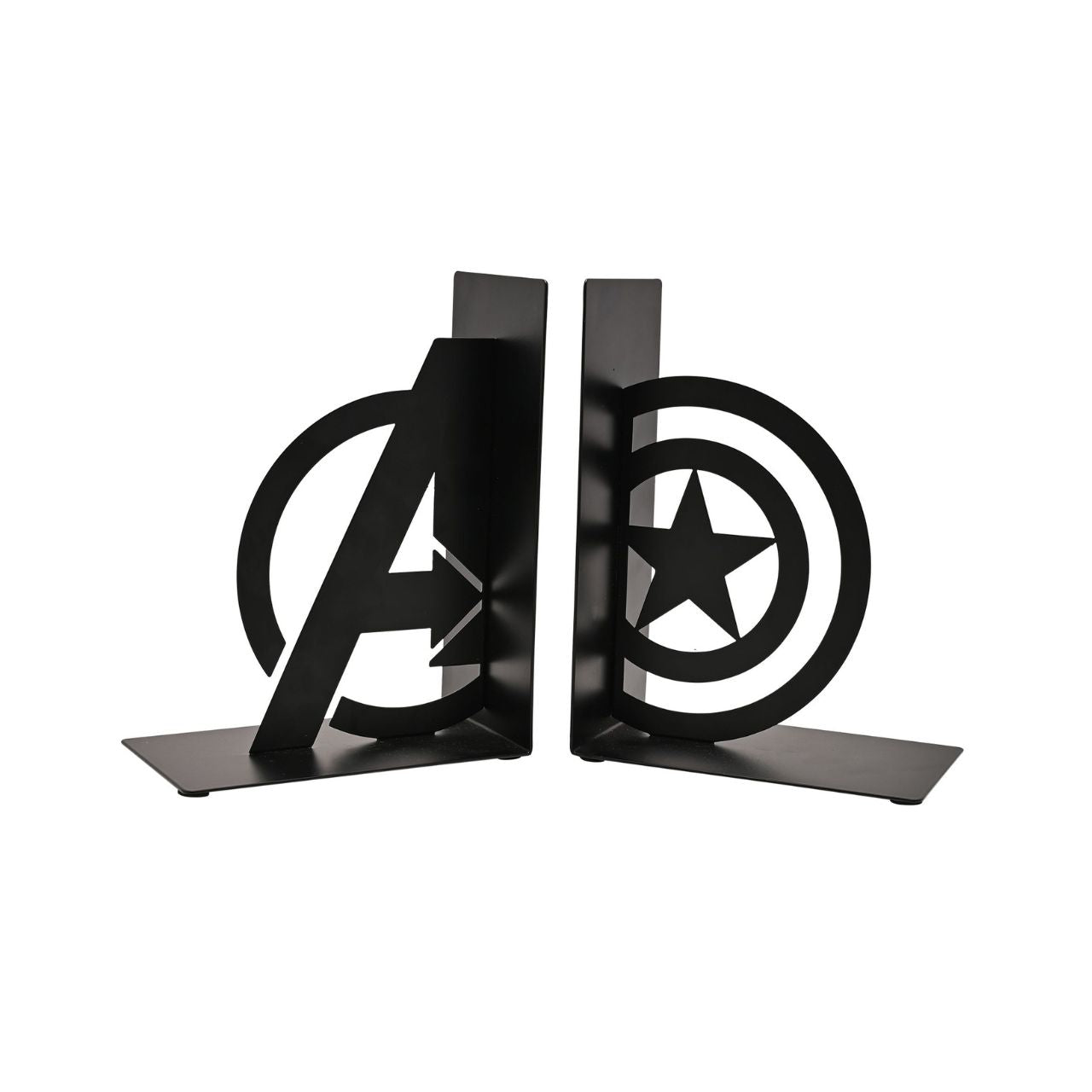 Unleash your inner superhero with our Marvel The Avengers Captain America Metal Bookends. Crafted in a striking black metal, each bookend showcases an iconic emblem from the beloved franchise - one featuring the Avengers logo and the other Captain America's star.