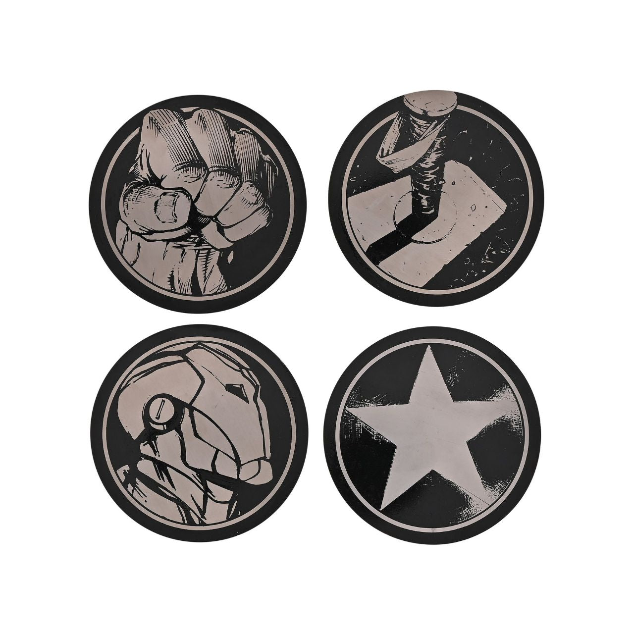 Unleash your inner superhero with our Marvel The Avengers Set of 4 Black Round Metal Coasters. Each coaster features a striking abstract design, including symbolic representations of your favourite Avengers' powers, all in a bold black and silver colour scheme.