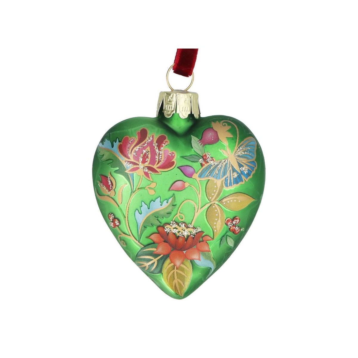 Bring festive elegance to your tree with this charming Gisela Graham heart-shaped glass bauble. Finished in a sophisticated matt apple green, the delicate floribunda design adds timeless appeal to any Christmas display.