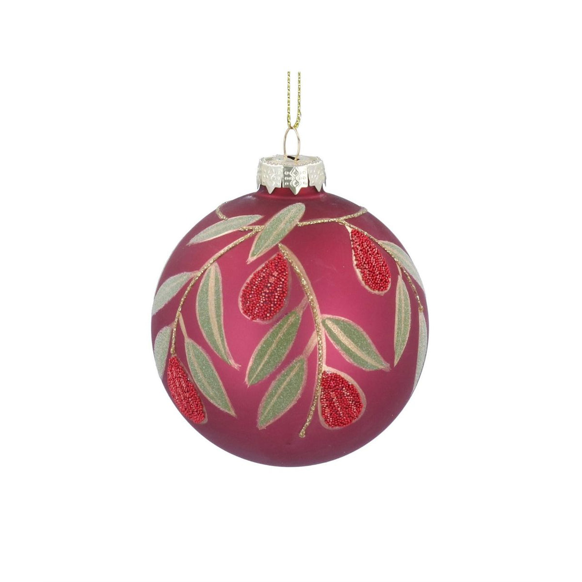 Gisela Graham Matt Cerise Glass Bauble with beaded fruit and leaf embellishments. This elegant Christmas ornament combines rich cerise tones with intricate beaded detailing for a sophisticated festive look.