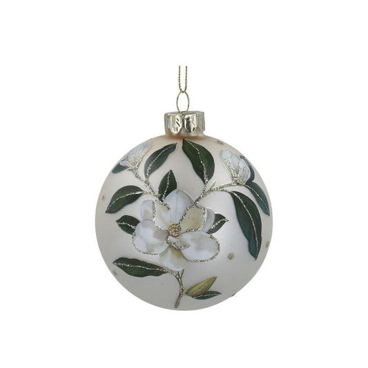 Gisela Graham Matt Cream Magnolia Glass Christmas Bauble  This Gisela Graham Matt Cream Magnolia Glass Christmas Bauble is perfect for decorating your tree this holiday season. Its smooth matt cream finish gives the perfect wintery touch and the intricate magnolia design adds a hint of nature for a truly unique look.
