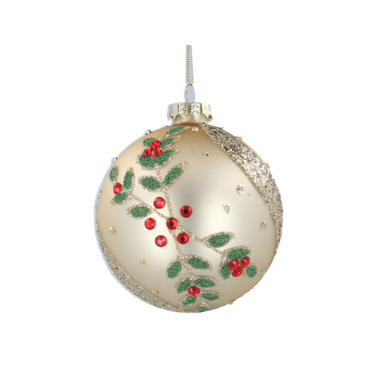 Gisela Graham Matt Gold With Diamante Holly Glass Christmas Bauble  This Gisela Graham Matt Gold With Diamante Holly Glass Christmas Bauble is perfect for adding a touch of glitz and glamour to your tree. It’s sure to make your tree sparkle and stand out with its gold matt and diamante holly design. Perfect for creating a festive atmosphere.