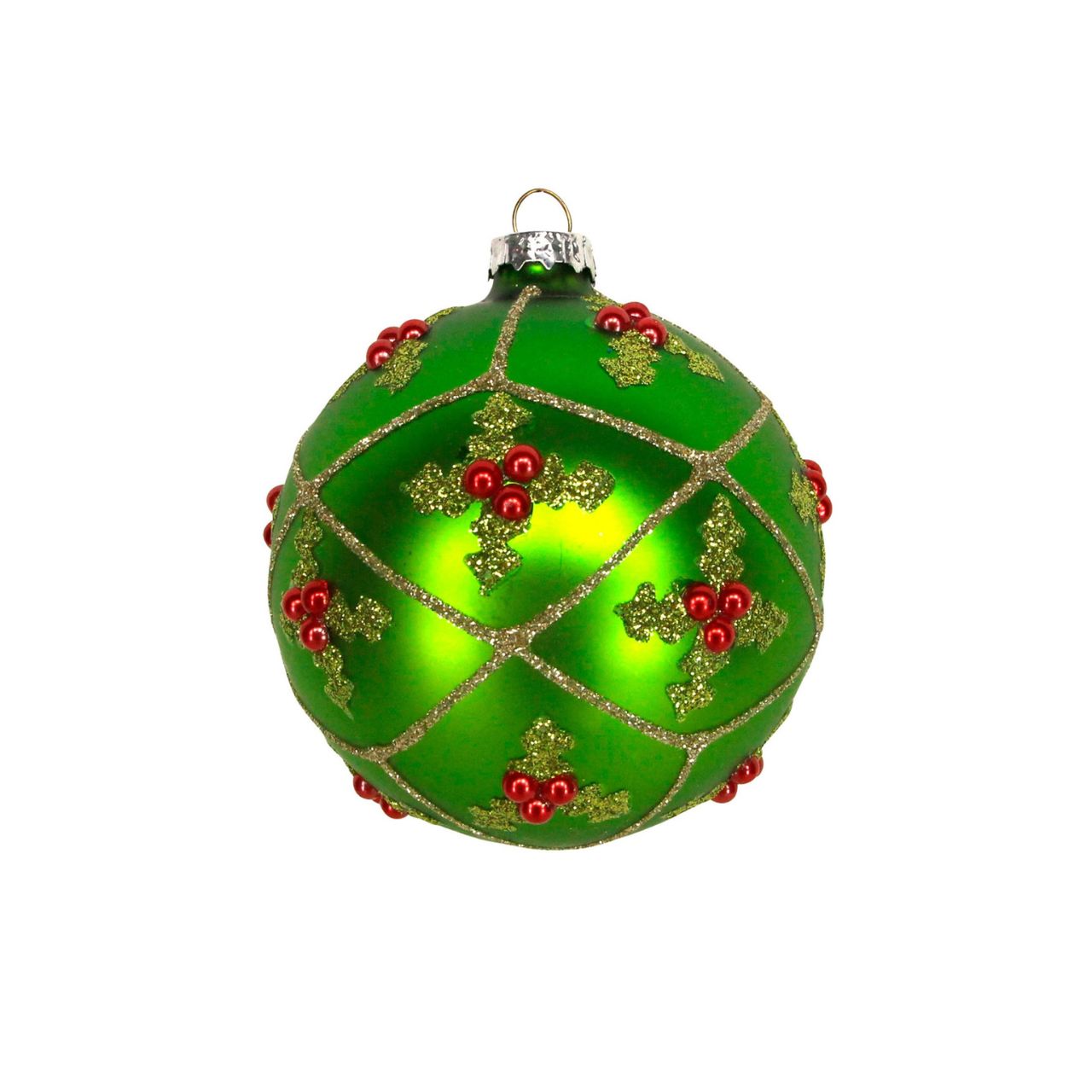 Elevate your holiday décor with the Gisela Graham Matt Green Christmas Bauble featuring an elegant holly trellis design. Its matte finish adds understated sophistication, while the intricate holly detailing brings a timeless festive charm.