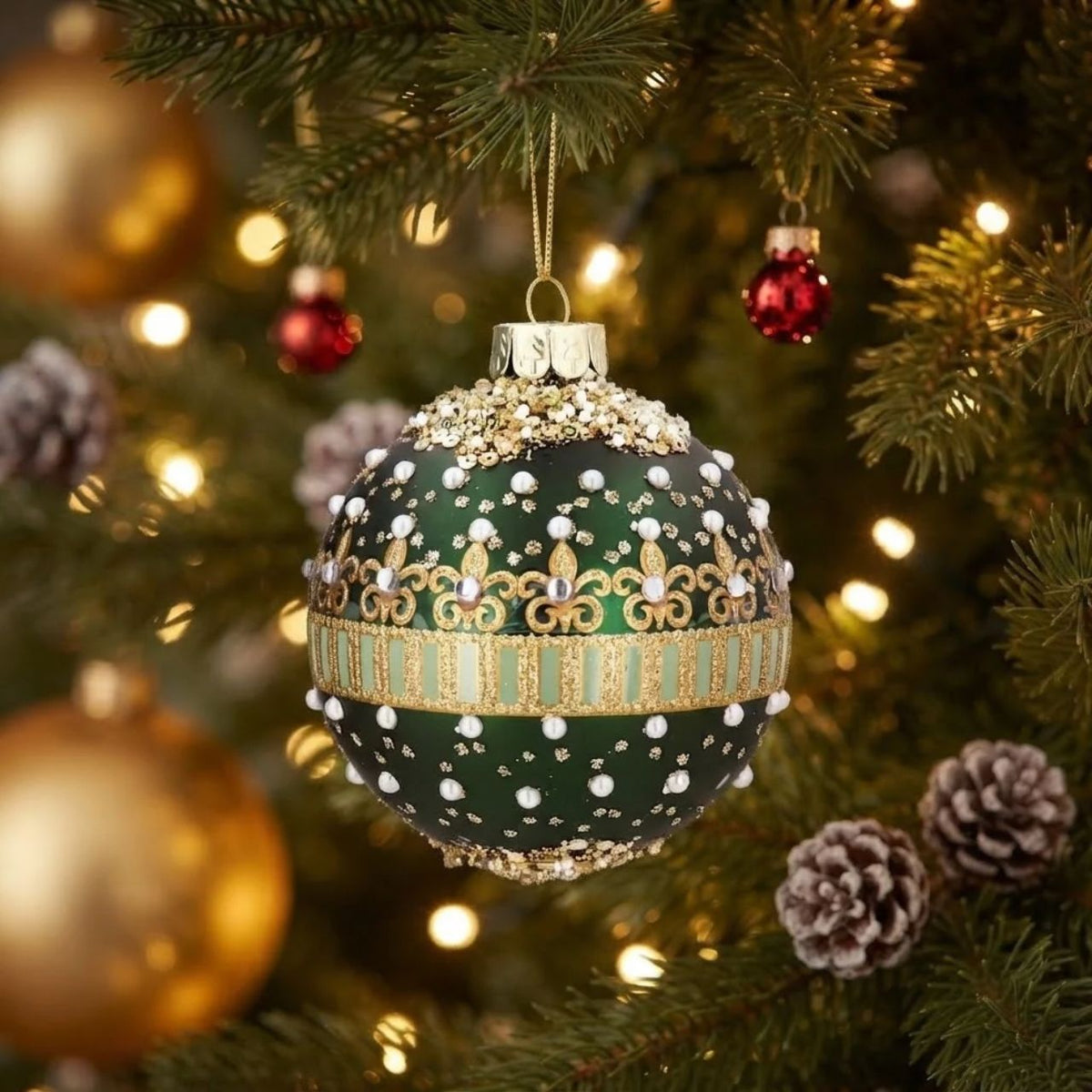 Elevate your Christmas tree with this elegant Gisela Graham bauble, featuring a sophisticated matt green finish adorned with lustrous pearls and jewels. This handcrafted glass ornament combines timeless holiday charm with contemporary design, perfect for adding a touch of luxury to your festive décor.