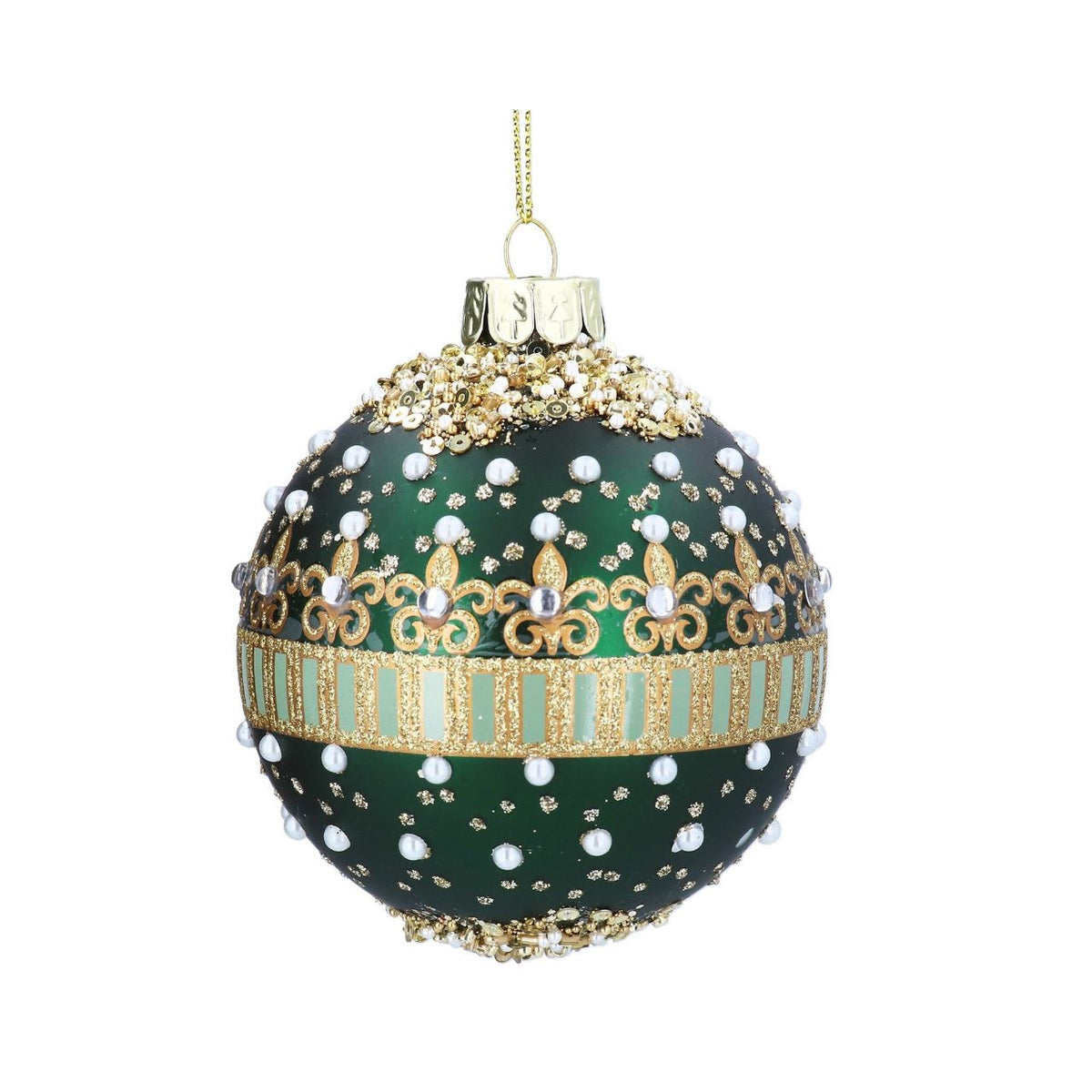 Elevate your Christmas tree with this elegant Gisela Graham bauble, featuring a sophisticated matt green finish adorned with lustrous pearls and jewels. This handcrafted glass ornament combines timeless holiday charm with contemporary design, perfect for adding a touch of luxury to your festive décor.