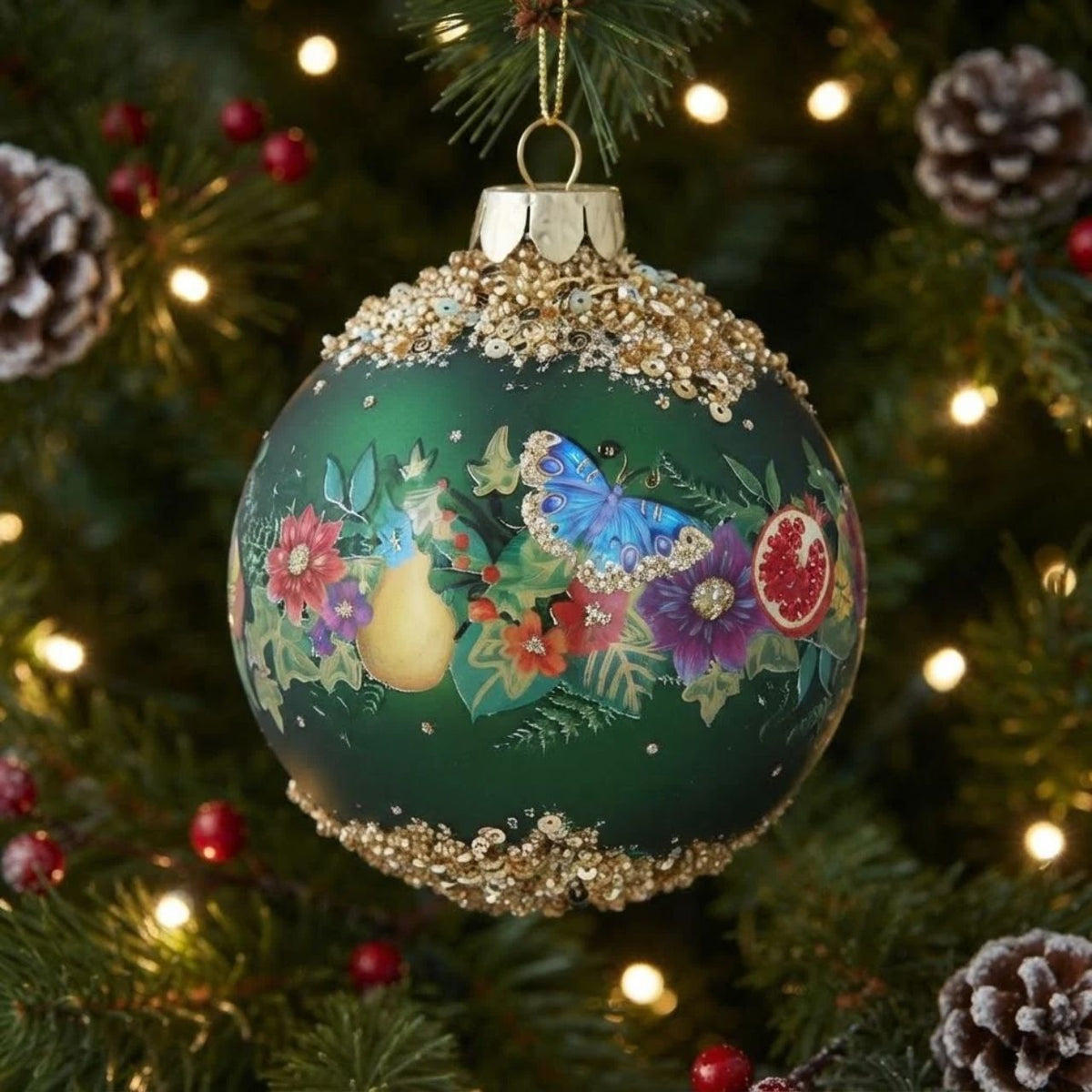 Celebrate the season with the Gisela Graham Matt Peacock Green Christmas Bauble, adorned with delicate butterflies, fruit, and floral motifs. Its muted green finish adds an elegant touch to your holiday décor, while the intricate detailing brings a refined natural charm to your tree. This bauble combines festive spirit with sophisticated design, making it a timeless addition to your collection.