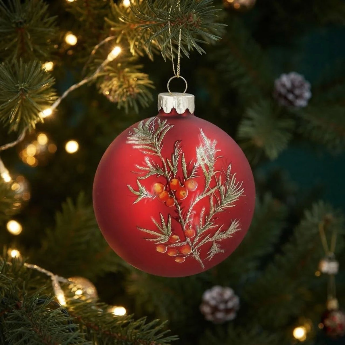 Gisela Graham Gisela Graham's elegant Matt Red Glass Christmas Bauble features a festive fir and red berries design, bringing timeless holiday charm to your tree. Crafted from premium glass, this 8cm ornament combines matt red tones with botanical details for a sophisticated seasonal look.