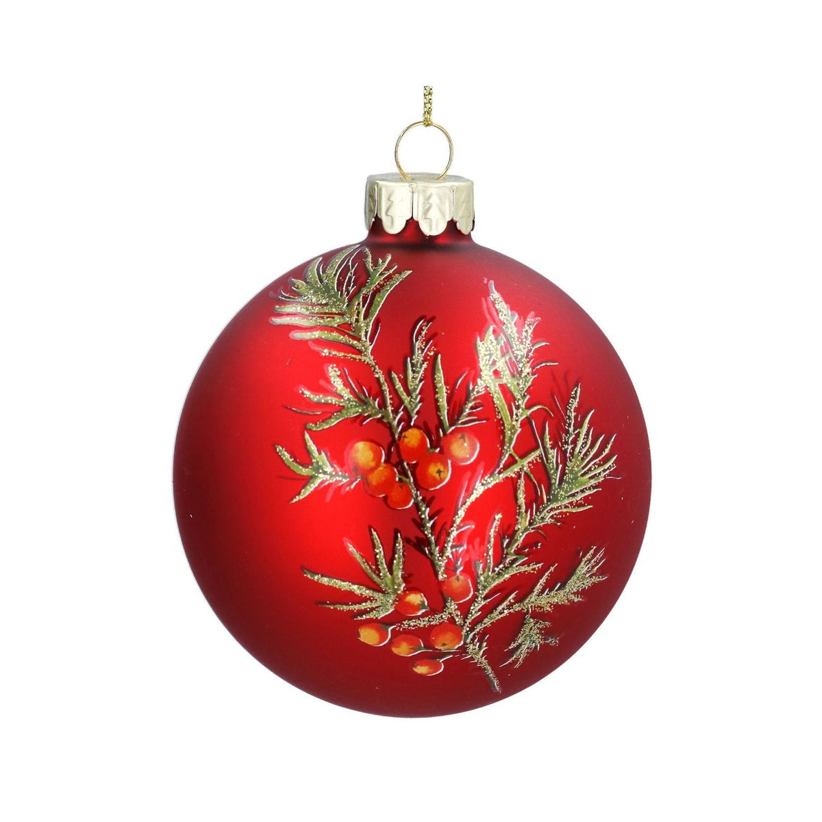 Gisela Graham Gisela Graham's elegant Matt Red Glass Christmas Bauble features a festive fir and red berries design, bringing timeless holiday charm to your tree. Crafted from premium glass, this 8cm ornament combines matt red tones with botanical details for a sophisticated seasonal look.