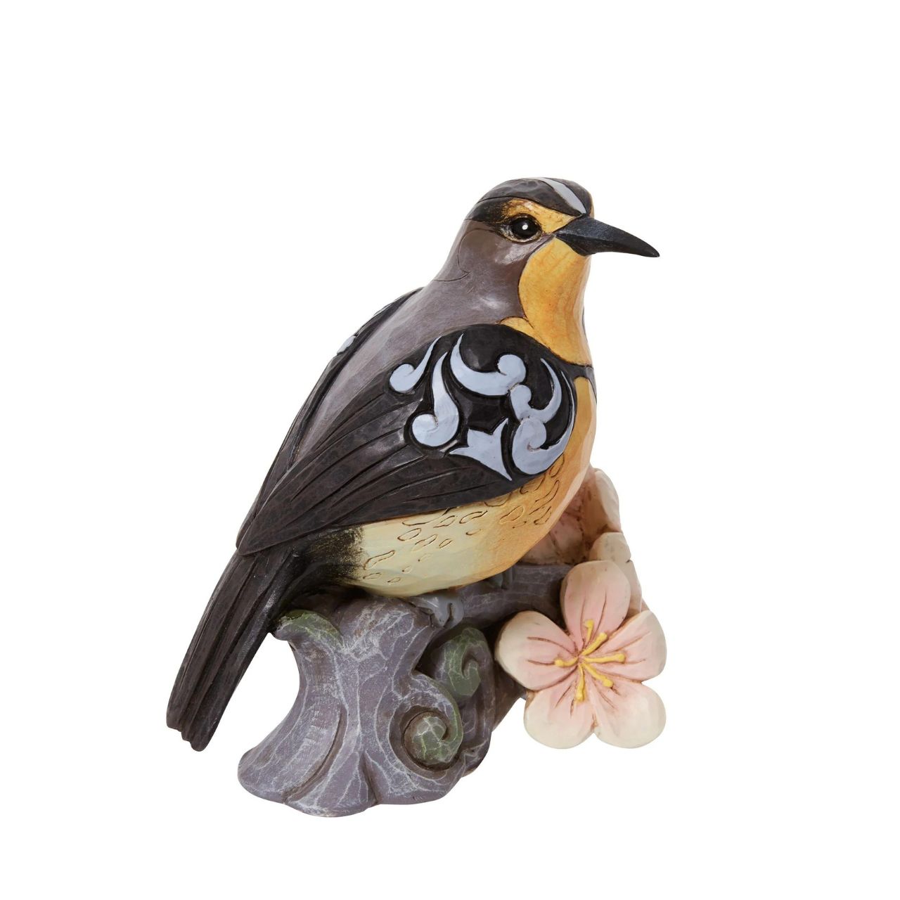 Meadowlark with Flowers by Jim Shore  Bring the great outdoors inside with this gorgeous bird bust. Sitting on a branch covered in flowers, this 5" Meadowlark adds grace to any home. Jim Shore's trademark patchwork and rosemale details are complimented by her brightly coloured feathers.