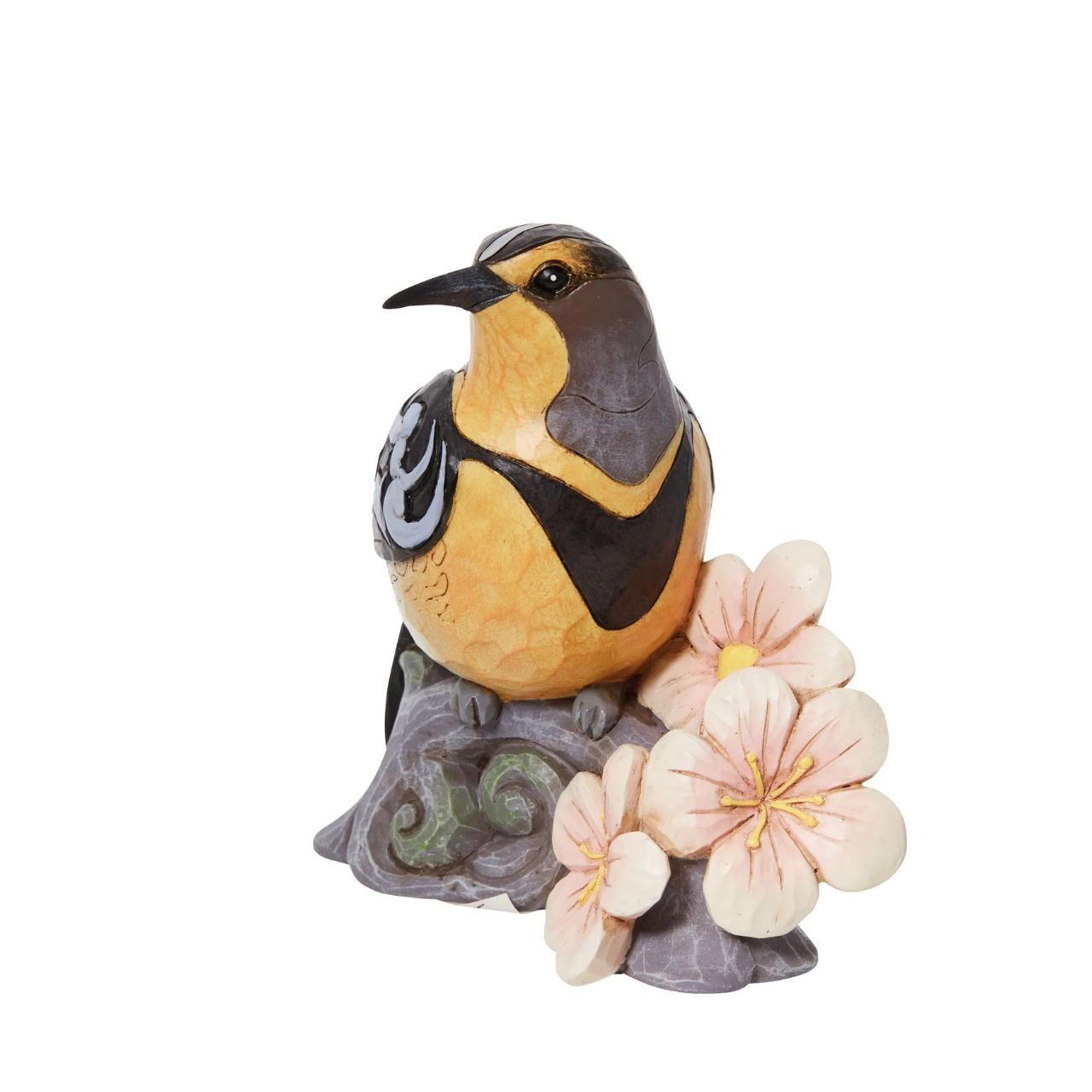 Meadowlark with Flowers by Jim Shore  Bring the great outdoors inside with this gorgeous bird bust. Sitting on a branch covered in flowers, this 5" Meadowlark adds grace to any home. Jim Shore's trademark patchwork and rosemale details are complimented by her brightly coloured feathers.