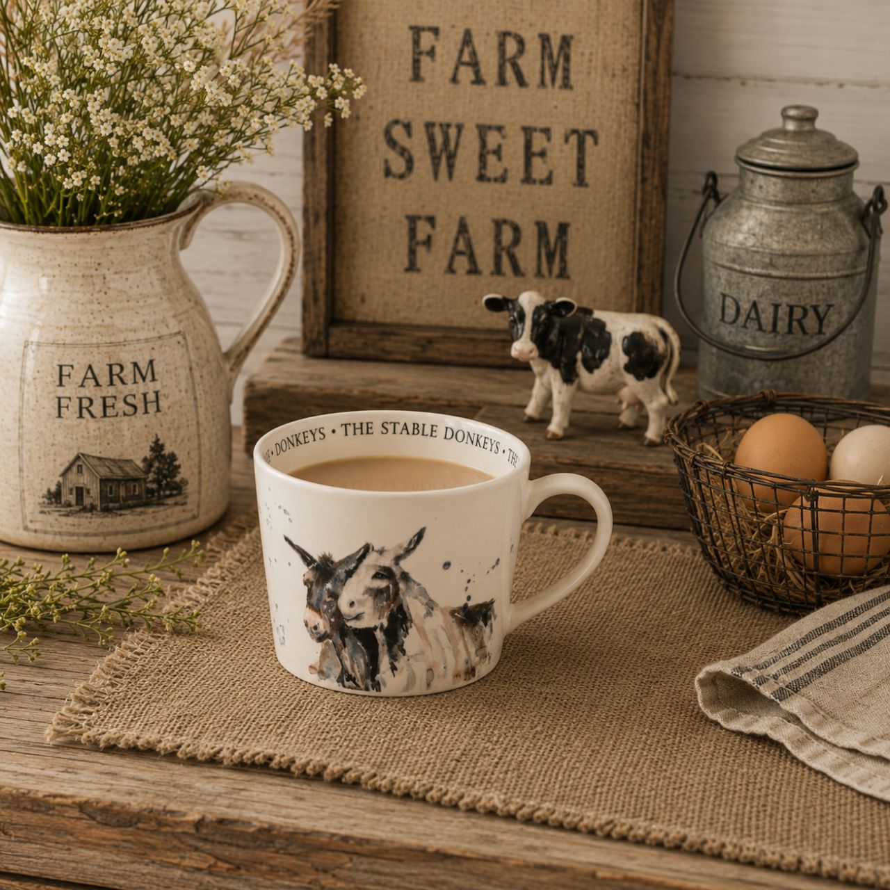The Meg Hawkins Cup - Donkeys is a ceramic mug perfect for animal lovers and countryside enthusiasts.