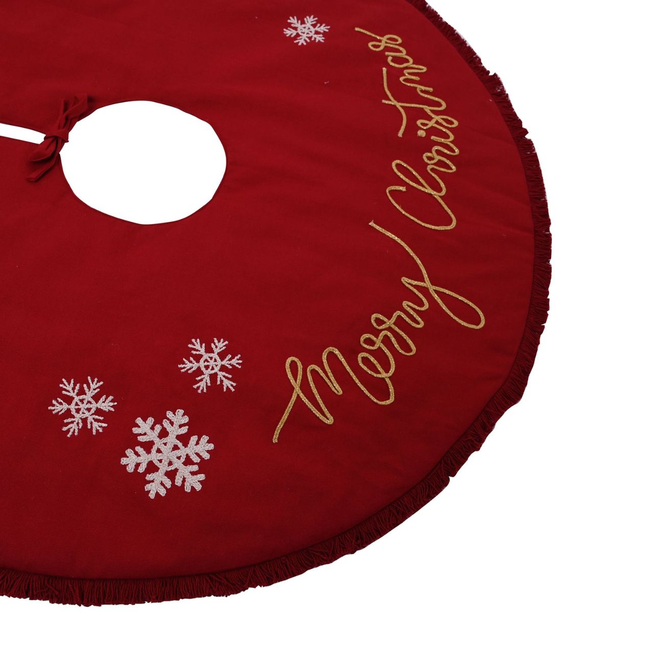 Red Christmas Tree Skirt Hand Embellished Merry Christmas  A Merry Christmas hand embellished red tree skirt from THE SEASONAL GIFT CO.  This standout accessory wraps itself around Christmas trees to accentuate its decoration.