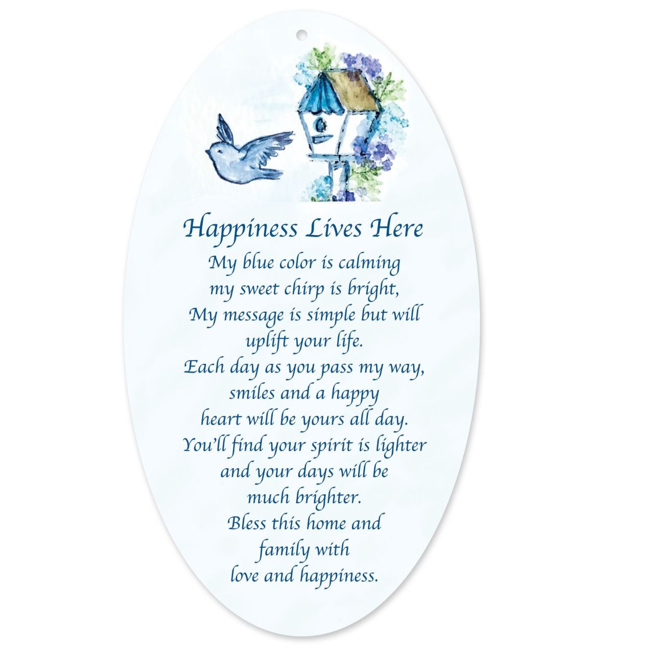 Messenger Bluebird Hanging Ornament  Gorgeous 'Happiness Lives Here' Bluebird. Made from stunning acrylic, each facet catching the light. With a sentiment card attached to each, these are the perfect gift to brighten anyones day. 'My blue colour is calming, my sweet chirp is bright.
