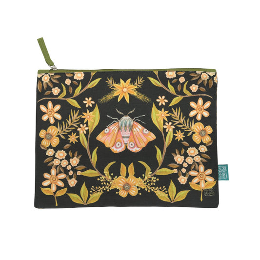 Michelle Allen Black Moth Zipped Pouch Large  These beautiful zippered 100% Cotton pouches are perfect for pencils/pens, trinkets, charging cords, make up or pretty much anything you can possibly think of.