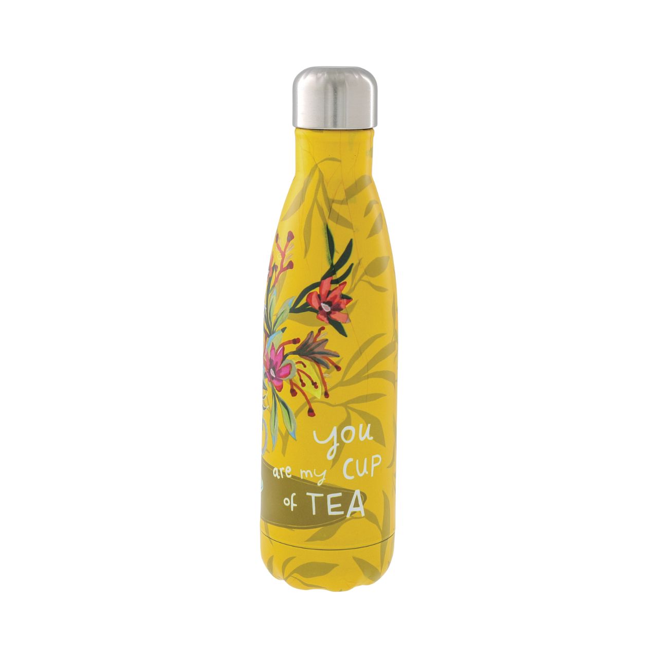Michelle Allen Cup of Tea Water Bottle  Our Cup of Tea Reusable Water Bottle is made of high-quality, double-walled stainless steel. They are BPA-free and have a special spill-proof vacuum seal keeping your favourite beverage inside hot or cold for at least 12 hours and up to 24 hours. Exclusively designed by Michelle Allen.