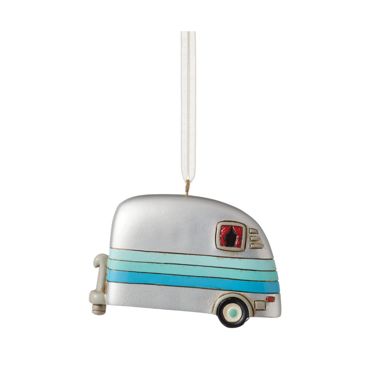 Michelle Allen Happy Camper Hanging Ornament  Who is ready for a camping trip?. Our Happy Camper Hanging Ornament is inspired by a vintage trailer and has so much personality. The shiny silver colour, retro stripes, window and curtain detail adds lots of charisma to this classic design.