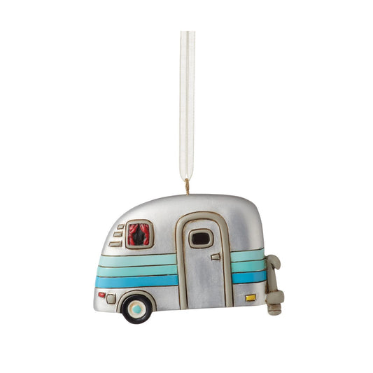 Michelle Allen Happy Camper Hanging Ornament  Who is ready for a camping trip?. Our Happy Camper Hanging Ornament is inspired by a vintage trailer and has so much personality. The shiny silver colour, retro stripes, window and curtain detail adds lots of charisma to this classic design.