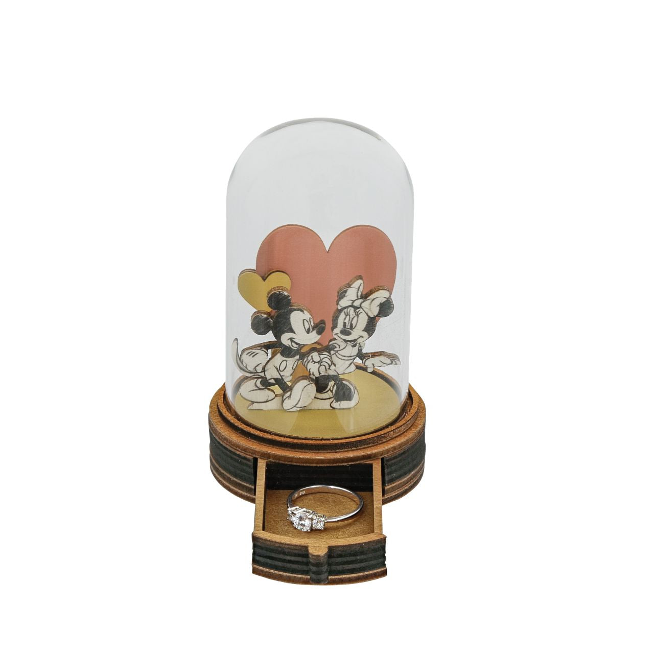 This glass dome decoration encases true Disney love, the original pair Mickey and Minnie Mouse. Keep your rings safe in this one of a kind ring drawer which fits two rings perfectly. This classic, vintage style, decorative drawer will make a stunning display next to your bed or on your bedroom dresser. 