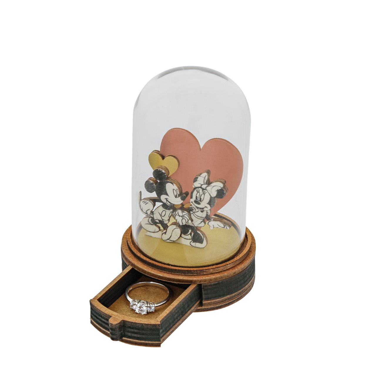 This glass dome decoration encases true Disney love, the original pair Mickey and Minnie Mouse. Keep your rings safe in this one of a kind ring drawer which fits two rings perfectly. This classic, vintage style, decorative drawer will make a stunning display next to your bed or on your bedroom dresser. 