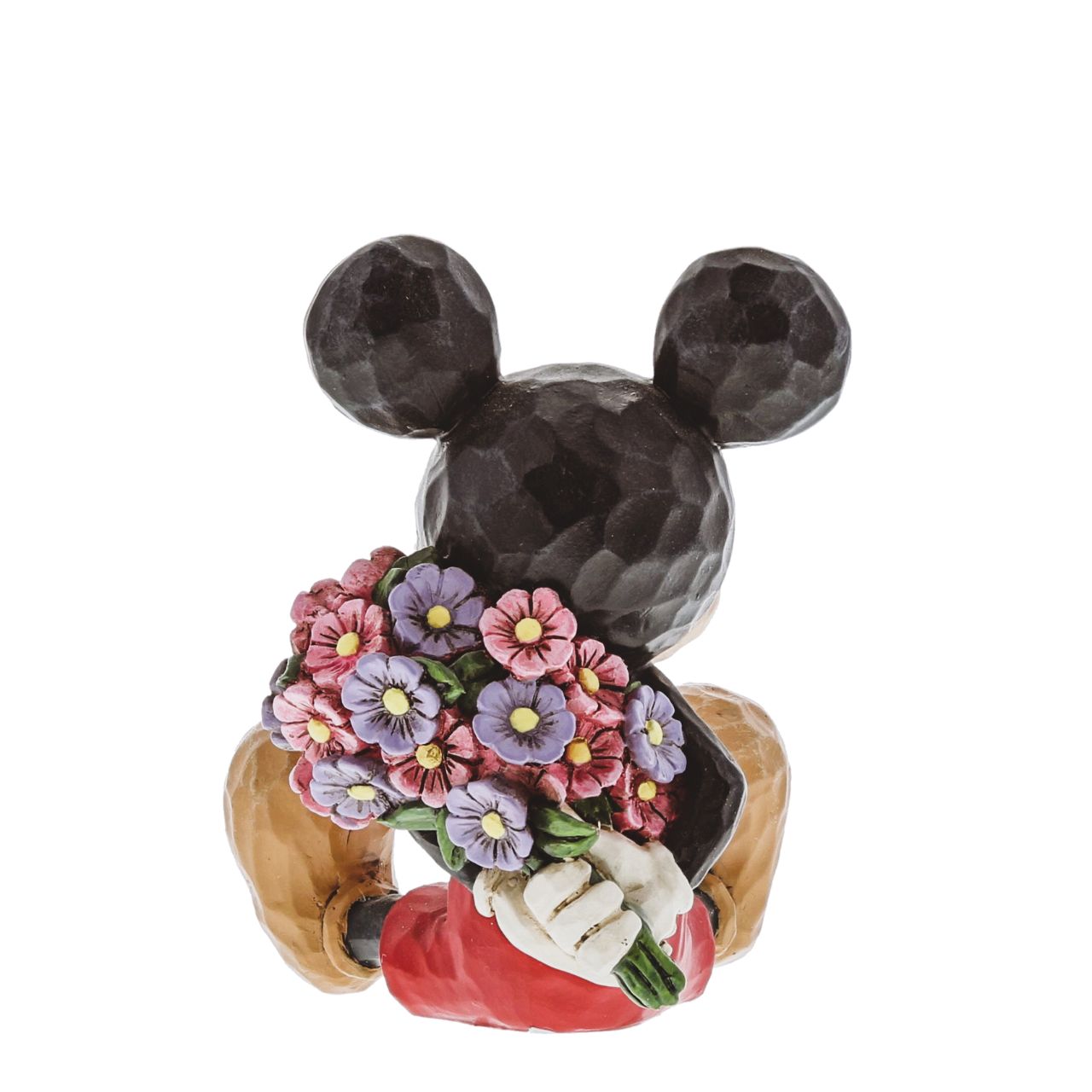Mickey Mouse with Flowers by Jim Shore  Beautifully handcrafted and delightfully decorated in time-honoured folk art motifs, Jim Shore's charming miniatures capture the essence of beloved Disney characters. Mickey hides a bouquet behind his back in this whimsical, playfully romantic scene.
