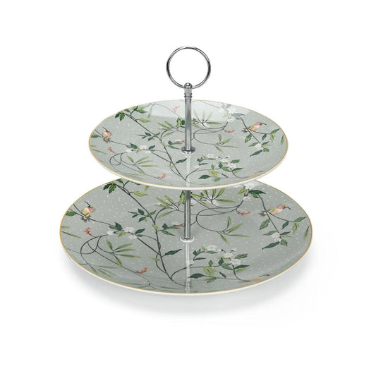 Alice Bell Two Tier Cake Stand by Mindy Brownes  The Mindy Brownes Alice Bell Two Tier Cake Stand is a beautifully crafted centerpiece for cakes and treats. The two tiers provide ample room to display sweet treats and create an eye-catching, decorative display.