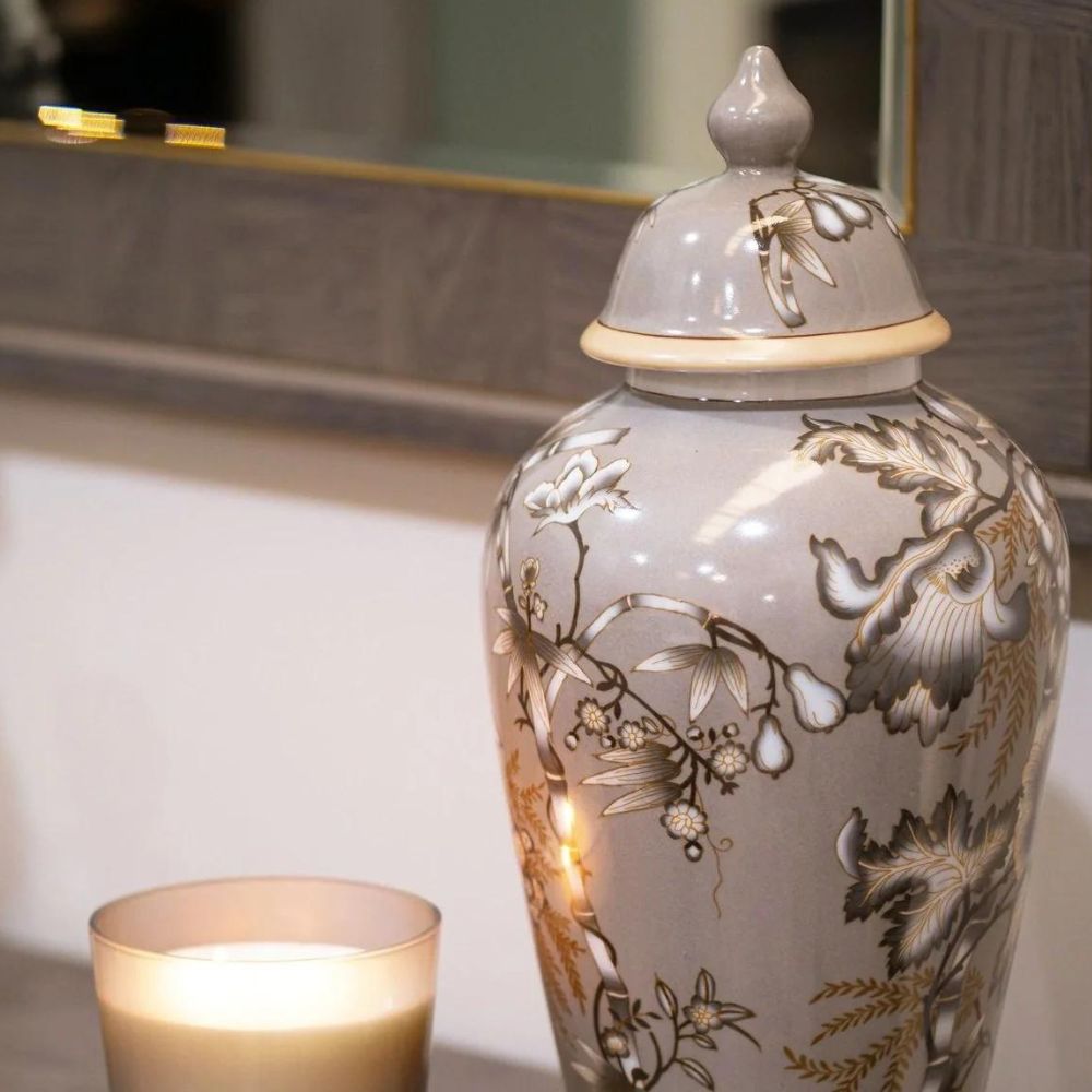 Mindy Brownes Amira 19'' Jar  Get classic botanical vibes with this neutral toned porcelain ginger jar, perfect for shelf styling as a solo feature piece or paired in two's it will definitely give a soft botanical edge to your interior!