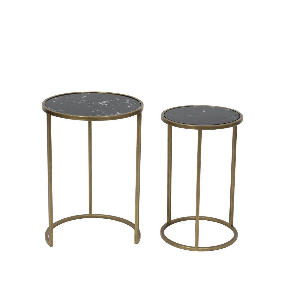 The Arlo Nested Tables in black feature striking marble tops paired with warm metallic frames. The deep tones of the marble add richness and sophistication, while the rounded edges soften the overall look for a balanced, elegant design.