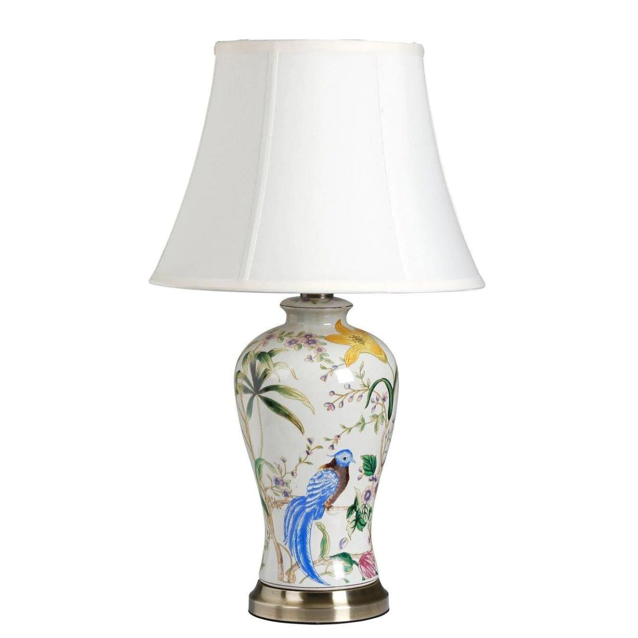 Mindy Brownes Interiors Ava Lamp  Birds of Paradise Lamp, bring a pop of colour to your room. Ceramic lamp with brass bass and white linen shade.
