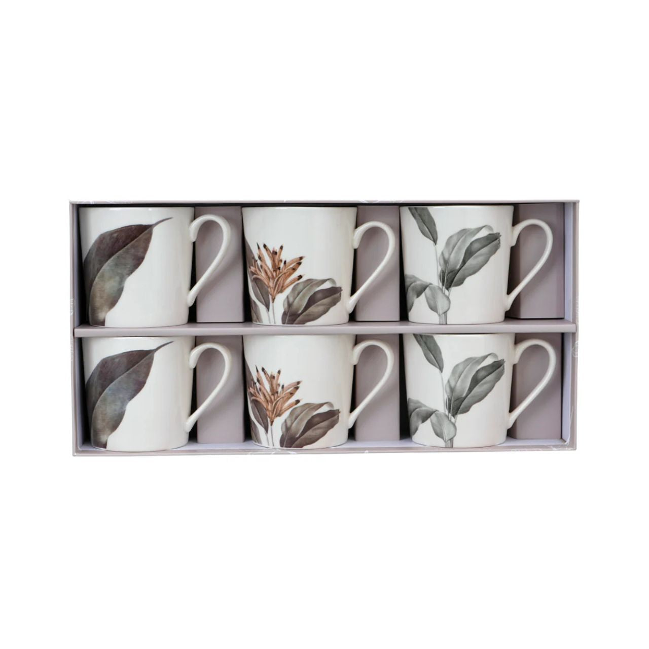 These beautiful mugs feature a classic botanical design in green, gold and grey.