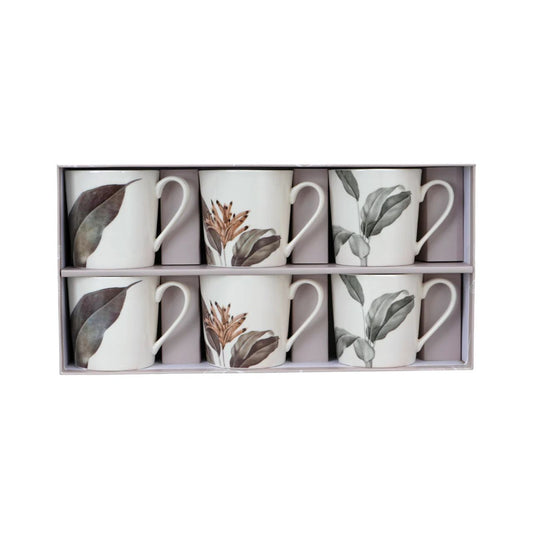 These beautiful mugs feature a classic botanical design in green, gold and grey.