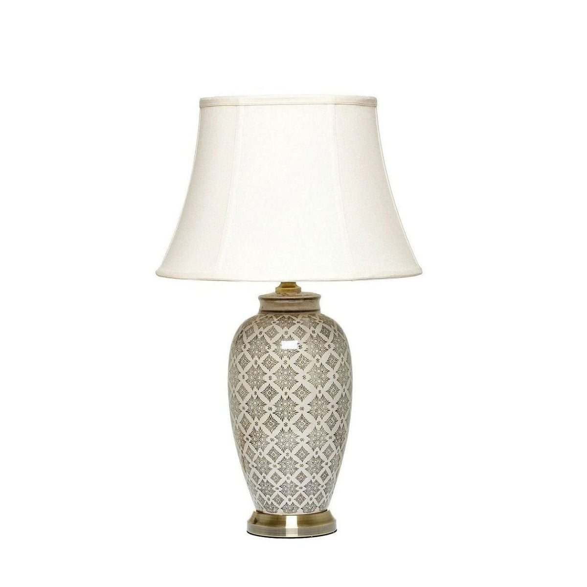 Enhance your home with this sophisticated ceramic lamp, an all time best seller designed for those who appreciate refined, neutral styling. The base features a subtle yet intricate grey pattern detail, offering a textured look that adds depth without overwhelming your space. Set upon an antique brass base, this piece combines cool tones with a touch of vintage warmth, creating a balanced and timeless aesthetic.