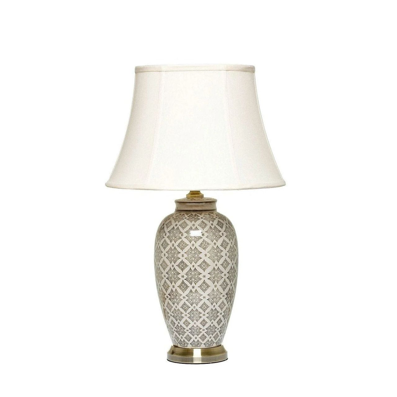 Enhance your home with this sophisticated ceramic lamp, an all time best seller designed for those who appreciate refined, neutral styling. The base features a subtle yet intricate grey pattern detail, offering a textured look that adds depth without overwhelming your space. Set upon an antique brass base, this piece combines cool tones with a touch of vintage warmth, creating a balanced and timeless aesthetic.