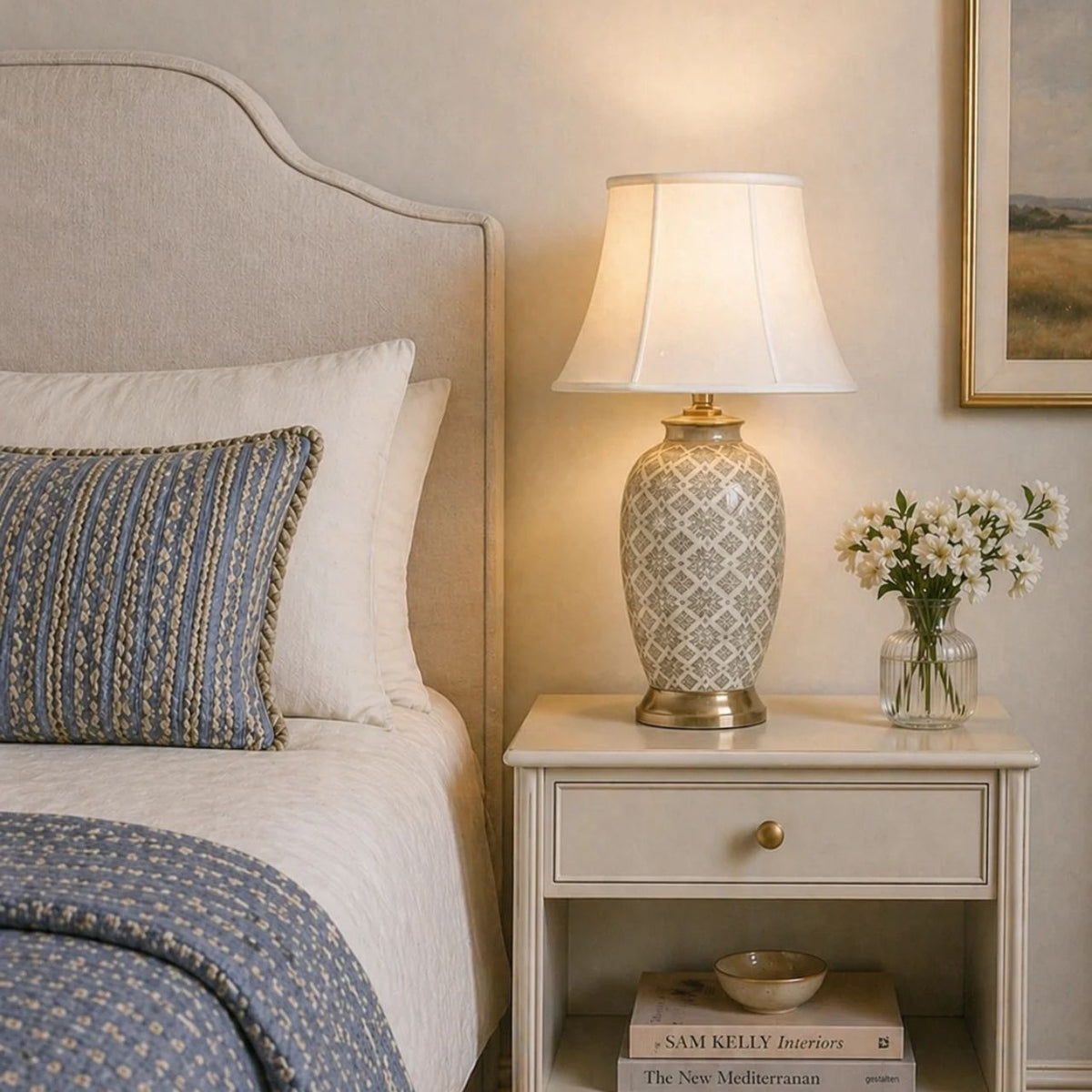 Enhance your home with this sophisticated ceramic lamp, an all time best seller designed for those who appreciate refined, neutral styling. The base features a subtle yet intricate grey pattern detail, offering a textured look that adds depth without overwhelming your space. Set upon an antique brass base, this piece combines cool tones with a touch of vintage warmth, creating a balanced and timeless aesthetic.
