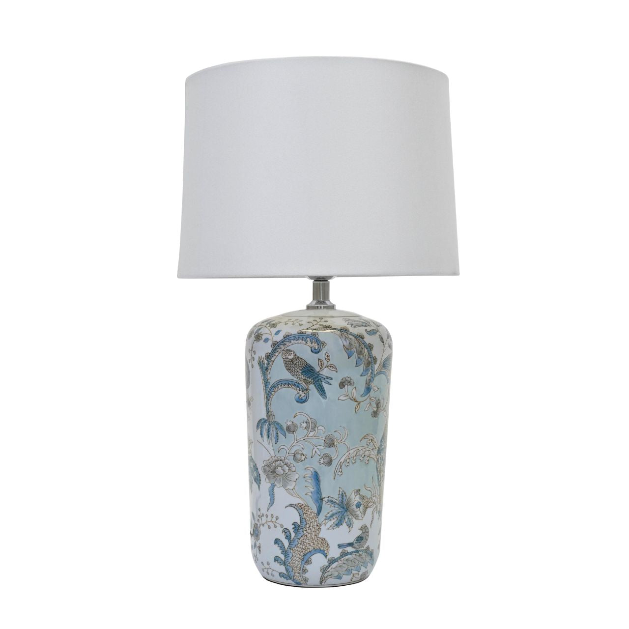 Mindy Brownes Delia Lamp Large  Good lighting is essential for every home. Our ceramic collection is traditional yet timeless and featuring stunning designs, prints and patterns bursting with colour. This lamp is blue in detail with tropical print. White linen shade.